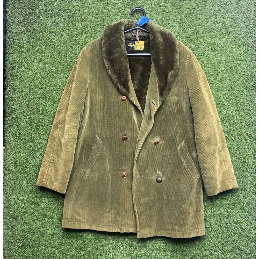 Vintage Borg Corduroy Jacket Mens 40 Sherpa-Lined Olive Green FLAWED